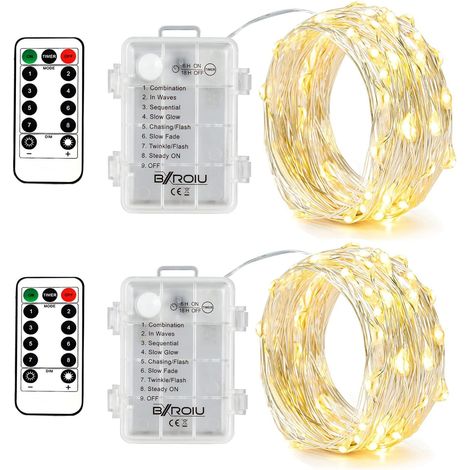 Lot de 2 guirlandes LED à piles 50 LED blanc chaud avec télécommande et minuterie, éclairage décoratif pour chambre, fête, sapin et intérieur (1/5)