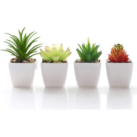Faux Plantes Succulentes Artificielle en Pot en Mini Carré Blanc Pots pour Home Garden Decor Vert (Pot de Fleur en Plastique 4pièces) (1/5)