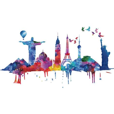 Sticker mural paysage architectural aquarelle (Dimensions : 130 cm x 70 cm) (1/5)