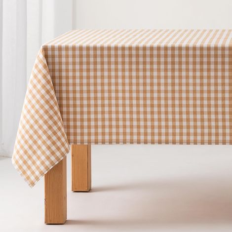 Nappe Anti-Taches Tableau Vichy, Coton, Toucher Tissu, 140x300 cm, Couleur Beige (1/5)
