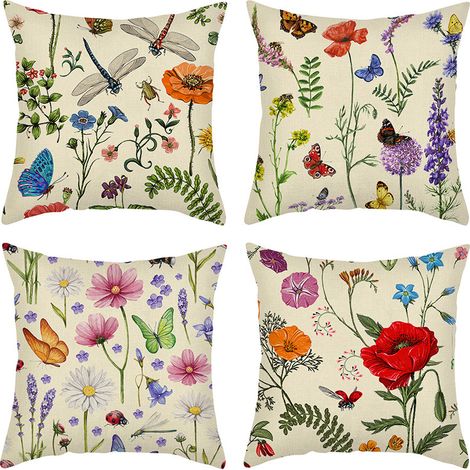 Lot de 4 housses de coussin en lin à motif floral printanier - taies pour canapé - 45x45 cm (housses uniquement) (1/4)