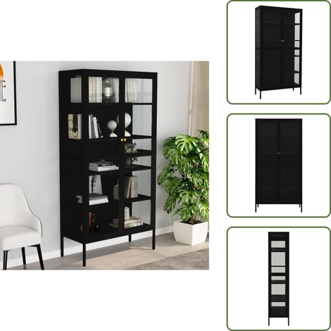 Vitrine Schwarz 90x40x180 cm Stahl und Gehärtetes Glas - Schrank - Sideboard - Vitrine - Stauraum - Regal (1/5)