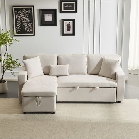 Sofá cama rinconera de franela beige 214x131 cm con chaise reversible, USB y almacenaje (1/5)