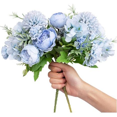Lot de 2 bouquets de pivoines artificielles en soie bleu clair, hortensias, œillets et marguerites en plastique, compositions florales réalistes pour décoration de table de mariage. (1/5)