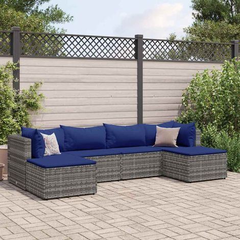 6-tlg. Garten-Lounge-Set mit Kissen Grau Poly Rattan (1/5)