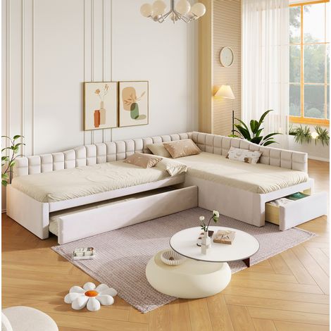 Lit enfant 90x200 cm en MDF beige, avec rangement gain de place pour chambre FloraGrace (1/5)