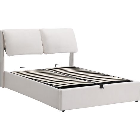 Lit tapissé 140x190 cm en velours beige avec sommier hydraulique, 3 tiroirs et tête de lit (1/5)