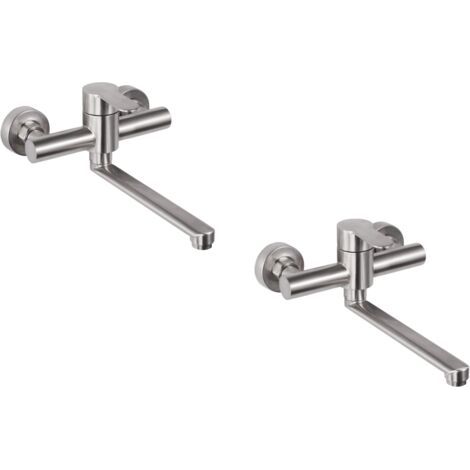 2 Stück Wandarmatur Küche, Edelstahl Wand Mischbatterie, 360° schwenkbar für Küchenspüle, Warm- und Kaltwasser, Einstellbare Montagelöcher, Gebürstet (1/5)