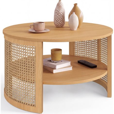 Table basse ronde EDHEN 70 cm effet cannage naturel et bois (1/5)