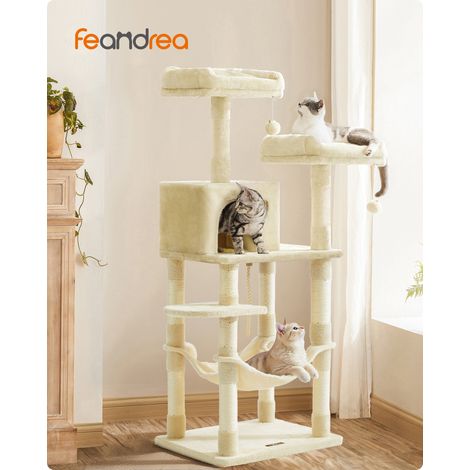 Arbre à Chat 141.8 cm, Griffoir pour Chats, avec 11 Poteaux à Griffer, 2 Plateformes, 1 Niche, 1 Hamac, 2 Pompons, en Peluche, à Plusieurs Niveaux, Beige
