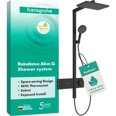 Colonne de douche max. 8 l/min avec mitigeur thermostatique, douche pluie, douchette, support, tuyau, barre et tête de douche 2 jets, Noir mat, 24591670 (1/5)