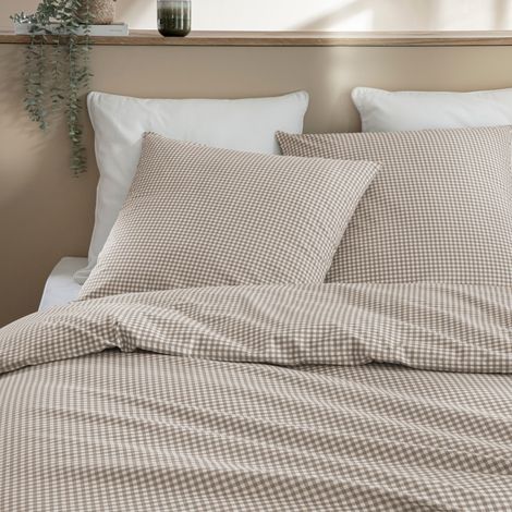 Parure de lit 260x240 coton à carreaux beige Terre de Nuit mini Vichy - Liné