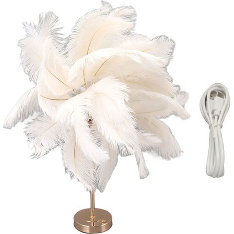 Lampe de chevet rechargeable en plumes d’autruche – design romantique et moderne, couleur blanc pur, idéale pour chambre ou salon (1/5)