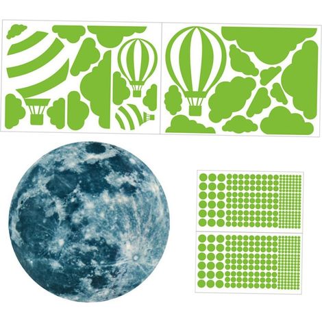 Stickers Muraux Lumineux Lune et Nuages en Pvc sans Colle, Décoration Créative pour Chambre D'garçon et Filles, 4 Feuilles Ballon Montgolfière pour Intérieur (1/5)