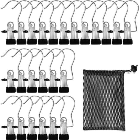Lot de 24 pinces à linge portables avec sac de rangement, argent/noir, pour pantalons, chaussures et serviettes. (1/5)