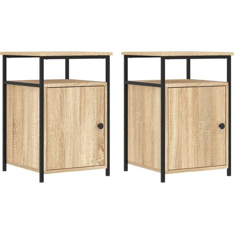 Lot de 2 tables de chevet avec compartiment avec porte 40 x 42 x 60cm bois d'ingénierie couleur chêne et fer DEC035887 (1/5)
