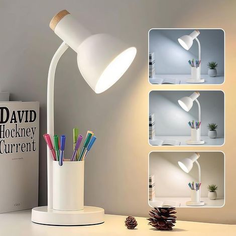 LED-Schreibtischlampe fürs Homeoffice, Tischleuchte mit Stifthalter, Leselampe mit 3 Farbmodi, Schreibtischleuchte mit flexiblem Schwanenhals, Schreibtischlampe aus Metall, weiß (1/5)