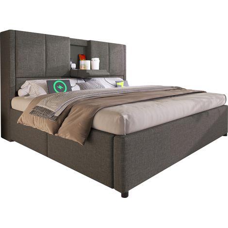 CHICFURN Lit coffre 140x200 cm en tissu gris avec chargeur USB-C, 3 USB, porte-gobelets dissimulés, rangement hydraulique sous le lit, sommier inclus, sans matelas (1/5)