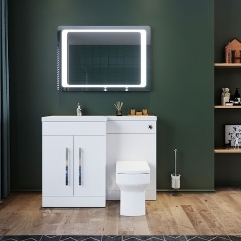 ELEGANT 1100mm L Shape Left Hand Bathroom Vanity Sink Unit, High Gloss White Vanity Unit Furniture Storage+ Basin + Ceramic Square Toilet with Concealed Cistern (1/5)
