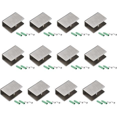 Clips Pince à Verre 12 Pieces Pince à Verre en Acier Inoxydable 201 Support Etagere Verre Reglable de 6 à 10 mm d'épaisseur Verre Acrylique Bois, avec Vis (Carrés, 26,5x20x14,5mm)
