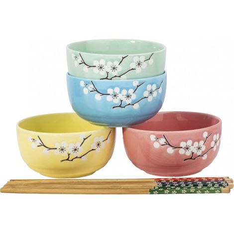 Coffret 4 Bols Japonais Fleurs de Cerisier Zen ⌀ 10,5 cm - Bols à Riz, Poke Bowl, Petit Déjeuner (1/5)