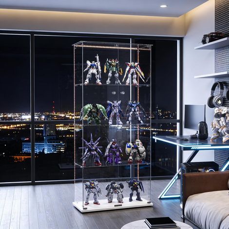 Vitrine haute en verre avec porte et serrure, 4 étagères, éclairage LED, blanc (1/5)