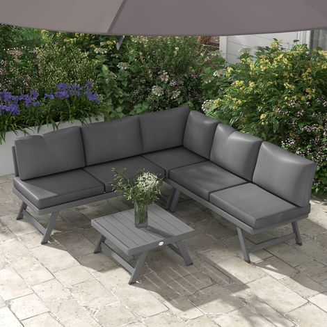 Set da salotto angolare da giardino con divano trasformabile, composto da 4 pezzi: 2 panche, 1 poltrona angolare e 1 tavolino da caffè.