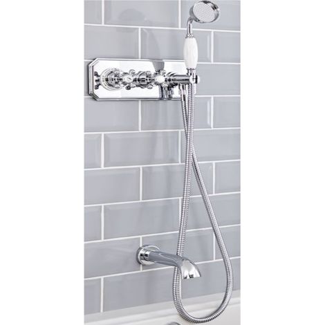 Milano Elizabeth 2 Outlet Twin Diverter Thermostatic Mixer Shower Valve with Wall Mounted Bath Spout Hand Shower and Hose - Chrome & White (1/5)