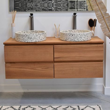 Meuble bas de salle de bain suspendu 4 tiroirs en teck massif 120 cm – Coulisses avec amortisseur intégré – Finition naturelle poncée – Wildwater