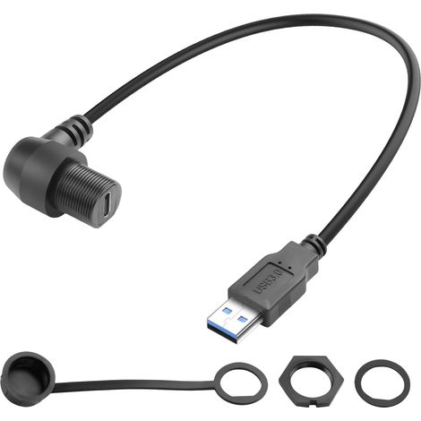 Adaptateur USB 3.0 vers USB C coudé à 90° - Étanche - Câble court - Adaptateur USB 3.0 mâle vers type C femelle - Angle droit - Montage sur panneau avant - 5 Gbps 5 V/3 A - 30 cm (1/5)