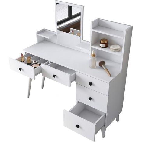 Tocador Certaldo, Mueble de Maquillaje con Espejo, 5 Cajones, Estructura Negra, 125x40x94h cm Blanco