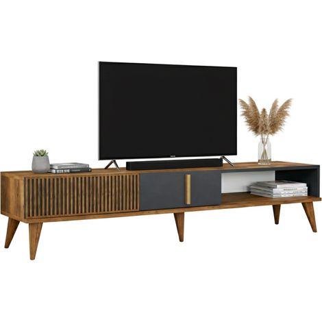 Dmora - Fernsehschrank Dfirican, Ständer für Wohnzimmerfernseher, Niedriges Wohnzimmer-Sideboard, TV-Ständerbasis, 180x35h40 cm, Walnuss und Anthrazit