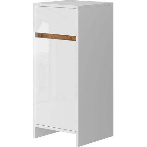 Mobiletto midi Detmold, Bianco lucido/oro power oak, 35 x 82 cm con anta e cassetto, Vicco (1/5)