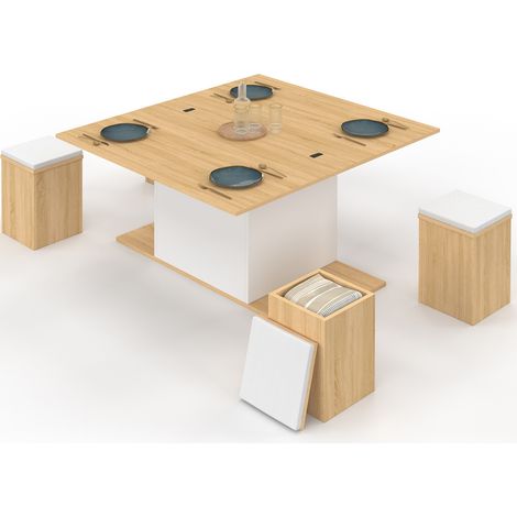 Table basse plateau relevable rectangulaire convertible en table à manger EDEN 100 cm bois et blanc avec poufs
