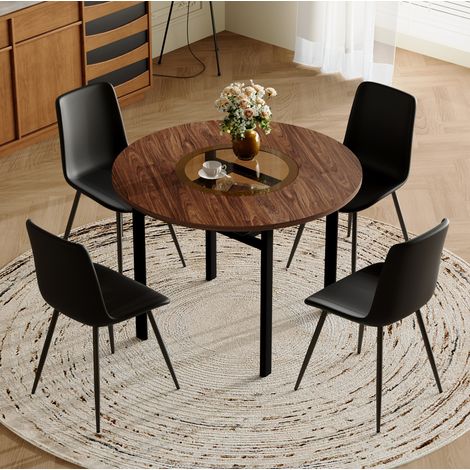 Conjunto de mesa redonda de 100 cm y 4 sillas de PU negro, acabado madera HAVRYA (1/5)