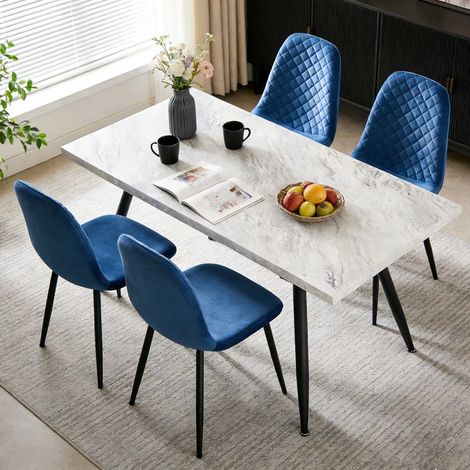 AINPECCA 150CM90CM Grey Dining Table and Dining Chairs 4 Set Padded Chairs Home Kitchen(1 TABLE+4 BLUE CHAIRS)