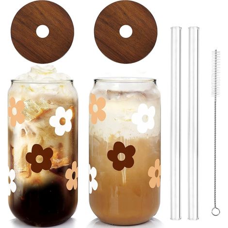 2er Set Glasbecher mit Deckel & Strohhalmen, 590ml Dosenform, Blumenmuster (1/5)