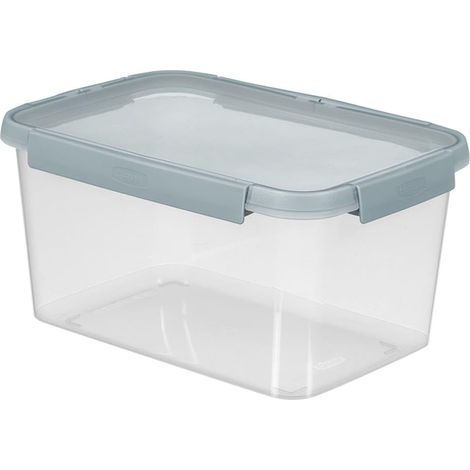 Contenitore per alimenti Curver, modello rettangolare 5L, trasparente con coperchio grigio-blu, ideale per conservare gli alimenti freschi de in modo pratico e sicuro in cucina.