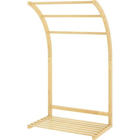 Porte-serviettes bambou 3 barres avec étagère de rangement, finition naturelle 60x25x110 cm