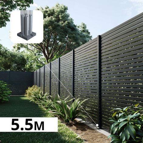 Kit Clôture Ajourée Aluminium OLINDA Anthracite 5,5x1,8m Poteaux sur Platines - Dimension des Lames : 21x45x1780 mm - Brise vue - Palissade