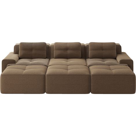 Canapé modulaire d'angle sans cadre en velours côtelé marron avec fonction canapé-lit et 3 poufs (1/5)