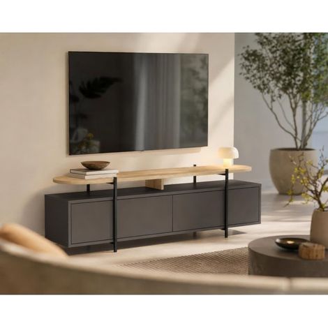 Meuble TV HINOA – Chêne & Noir – Plateau surélevé avec niche, 4 portes – 160 x 39 x 49,5 cm (1/5)