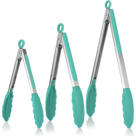 Pince Cuisine Lot de 3 Pinces Barbecue en 18/8 Acier Inoxydable Ustensiles Cuisine avec Poignée Silicone Résistante à La Chaleur 315℃ Pince Buffet Anti-adhé, sans BPA (Sarcelle) (1/5)