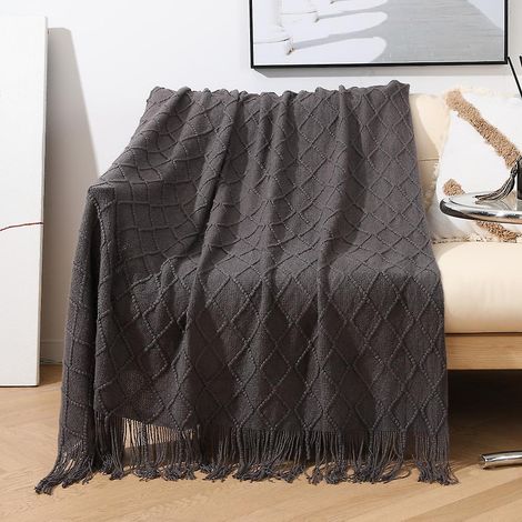 Plaid décoratif tissé à carreaux doux avec franges - Léger et polyvalent pour les voyages, le sommeil, le lit et le canapé - 127 x 180 cm - Utilisation toutes saisons (1/2)