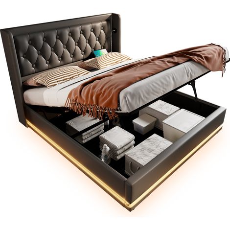 Lit double 180x200 cm rangement hydraulique revêtement PU noir. Tête rembourrée port USB Type-C et éclairage LED 3 faces,sans matelas inclus. (1/5)