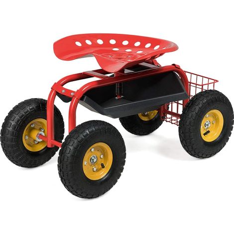 COSTWAY Siège de Jardin Roulant avec Hauteur Réglable, Chariot Jardinage avec Siège Pivotant à 360° Plateau Panier de Rangement Coussin Charge 150KG, pour Pelouse Atelier(Rouge) (1/5)