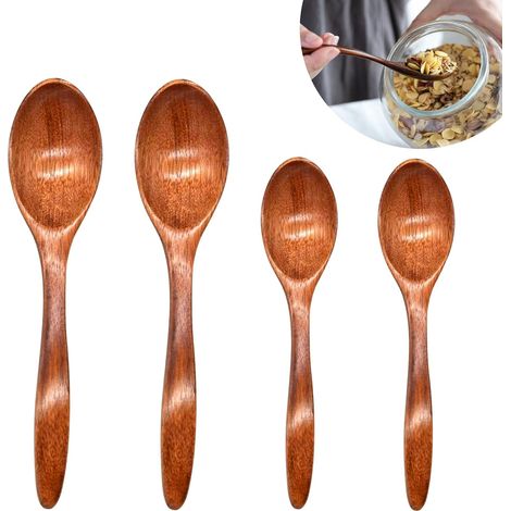 Juego de 4 cucharas de madera natural: 2 de 14 cm + 2 de 18 cm – para té, café, miel, azúcar, arroz. (1/4)