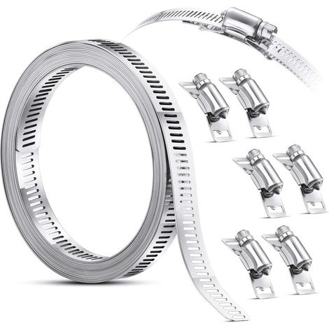 Abrazadera de manguera de tornillo sin fin de acero, abrazadera de manguera con correa y sujetadores, abrazaderas de acero inoxidable 304, abrazadera de manguera de tornillo ajustable (7 piezas, 8 pie (1/5)