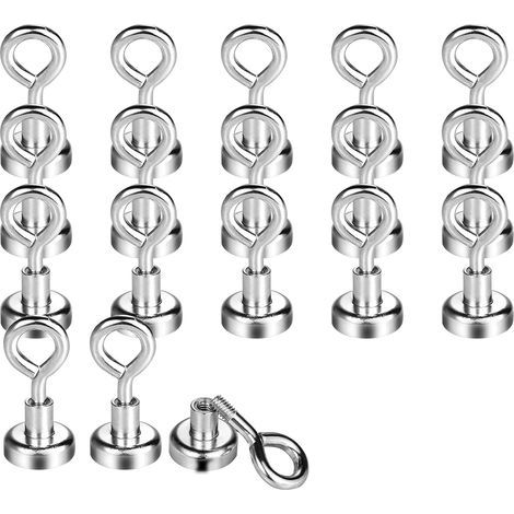 GENERIC-9KG(20LB) Crochet Magnetiques,18 Pièces Aimant Néodyme Puissant Diamètre 16MM,Aimant Extrêmement Puissant Néodyme Avec Base Et Oeillet, Soit Une Vis Avec Boucle Galvanisé (1/4)