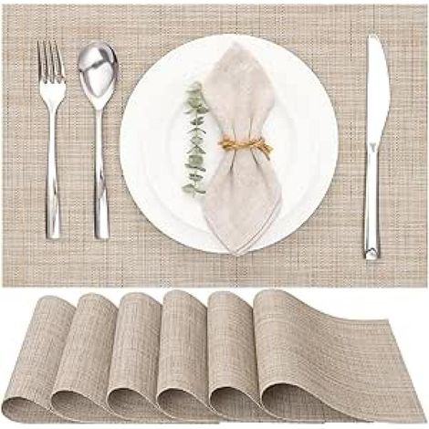 Set mit 6 waschbaren, rutschfesten und hitzebeständigen Vinyl-Tischsets für Küche oder Esszimmer (30 x 45 cm) (gelb und beige) (1/5)